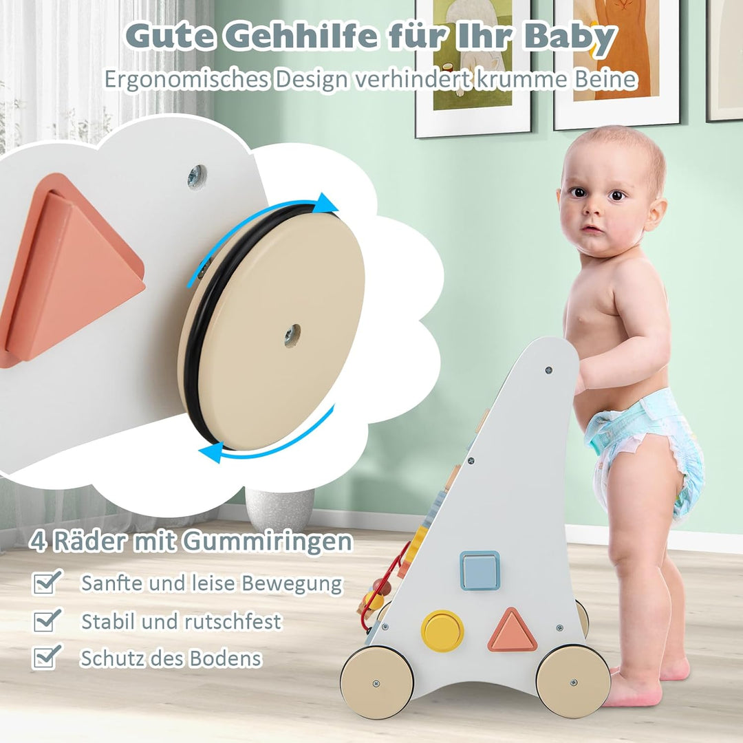 DREAMADE Lauflernwagen Holz, Lauflernhilfe ab 1 Jahr, Baby Gehhilfe mit Spiegel & Spielzeug, Gehfrei