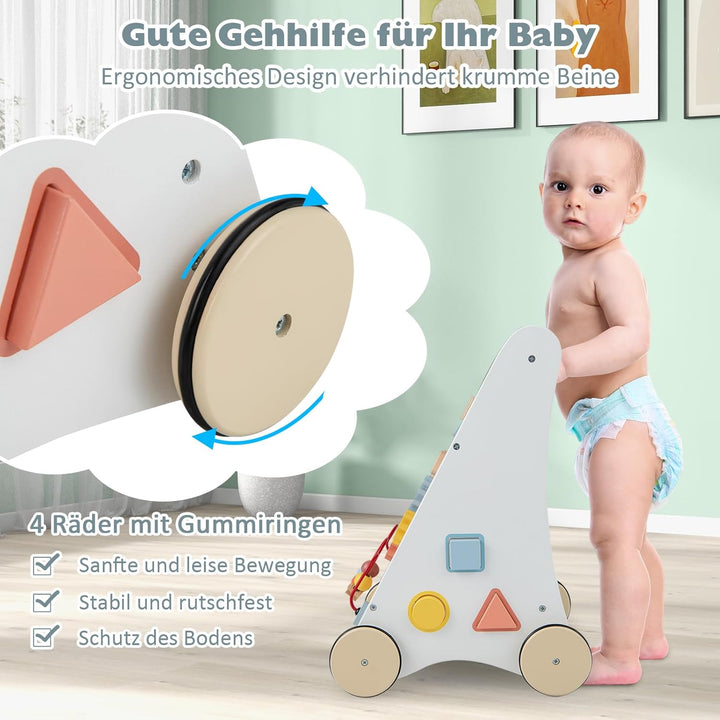 DREAMADE Lauflernwagen Holz, Lauflernhilfe ab 1 Jahr, Baby Gehhilfe mit Spiegel & Spielzeug, Gehfrei