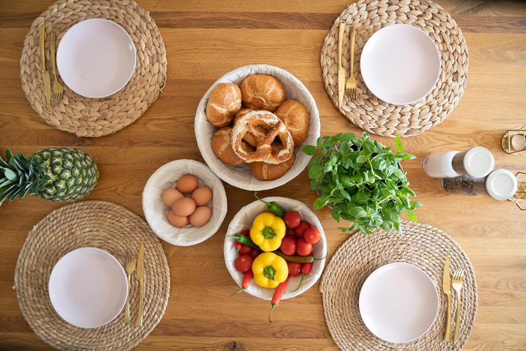 Decorasian Brotkorb geflochten aus Rattan - Brotkörbchen rund im 3er Set mit Leinentuch - Runde Bröt