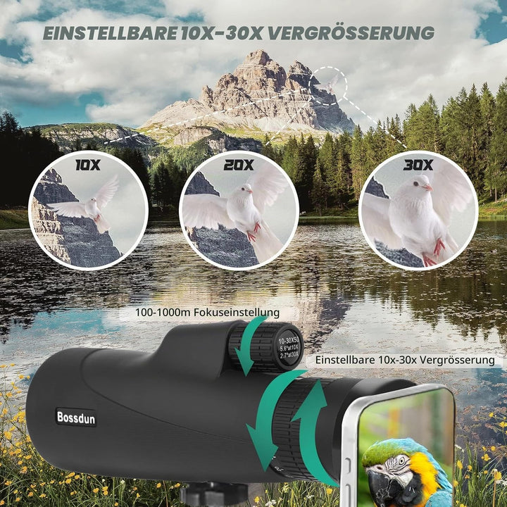 Monokulares Teleskop,10-30X50 Zoom HD Monokular mit IPX7 Nebel Wasserdicht Stossfest, FMC BAK4 Prism