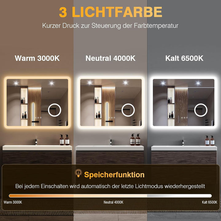 Badspiegel mit Beleuchtung 80 x 60 cm, 3 Lichtfarbe Einstellbare Spiegel Bad mit Beleuchtung, Dimmba