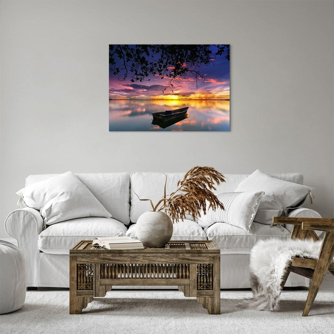 Bilder auf Leinwand Boot Sonnenuntergang See Himmel Leinwandbild 70x50cm Wandbilder Dekoration Wohnz