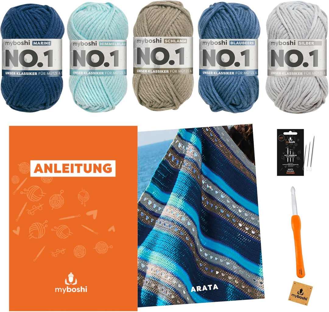 myboshi Häkelset Decke Arata, inkl. No.1 Wolle, Häkelnadel und Anleitung, Häkelpaket, 30% Merinowoll