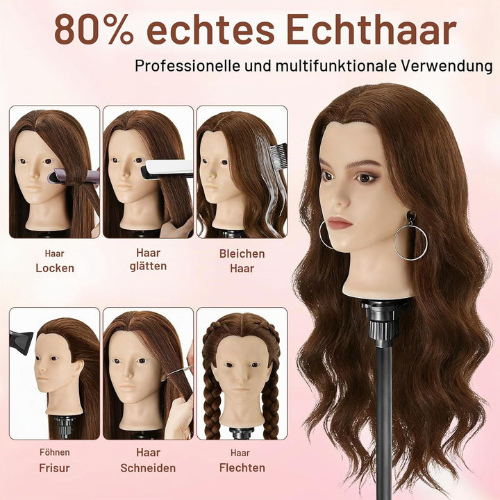 Frisierkopf Echthaar,23inch 80% Mannequin Kopf,Schminkkopf für Übungskopf Friseur,Puppenkopf zum Fri