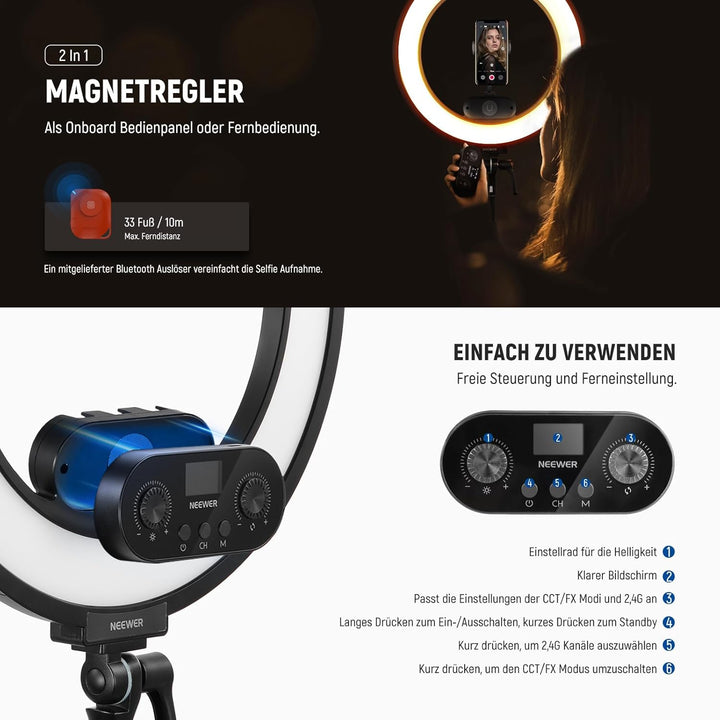 NEEWER 18" Ringlicht Set mit Randbeleuchtung, 45W 3300Lux 2900K-7000K 12 Szenen Ringleuchte mit APP