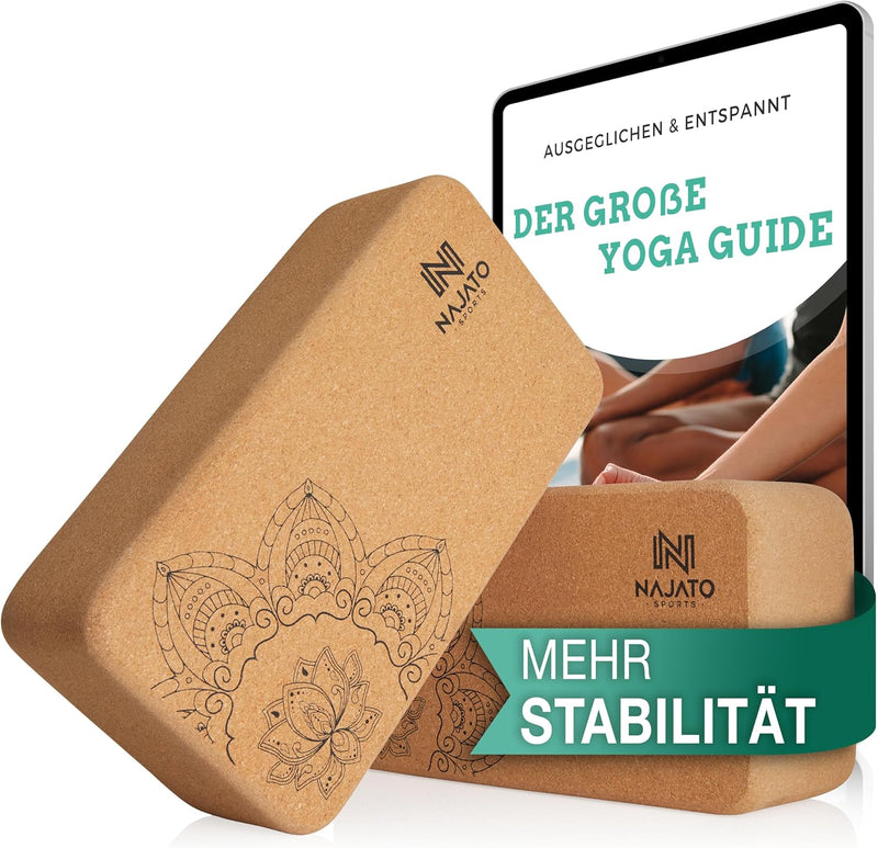 NAJATO Sports Yoga Block 2er Set – Yoga Block Kork inkl. E-Book (PDF Datei) – Yoga Klotz für Yoga un