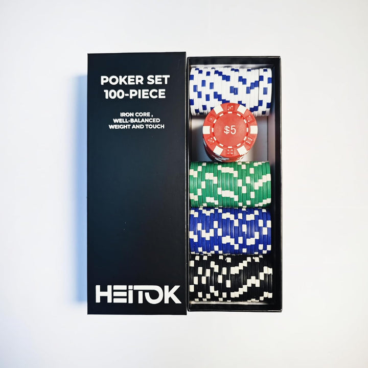 Pokerset, 100 Tragbare Spielchips mit Eisenkern, 11,5g Casino-Qualität, 5 Farben & Spielwerten, für