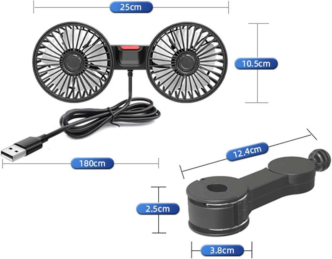 Doppelkopf 12V Auto Ventilator,Tragbare 360 °Drehbarer Auto Fan,Auto Ventilator für Rücksitz,Auto-Kü
