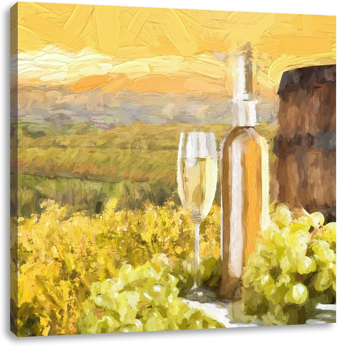 Pixxprint Weinreben mit Weinflasche und Fass Pinsel Effekt, Format: 70x70 auf Leinwand, 70x70
