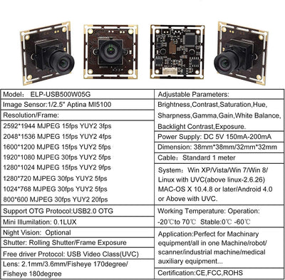ELP 5 Megapixel Industrie USB Kamera Modul Aptina MI5100 CMOS 100 Grad Objektiv Keine verzerrung 592
