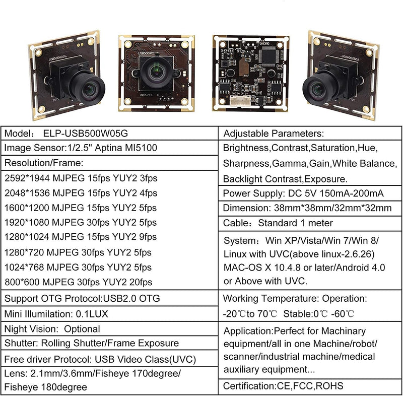 ELP 5 Megapixel Industrie USB Kamera Modul Aptina MI5100 CMOS 100 Grad Objektiv Keine verzerrung 592