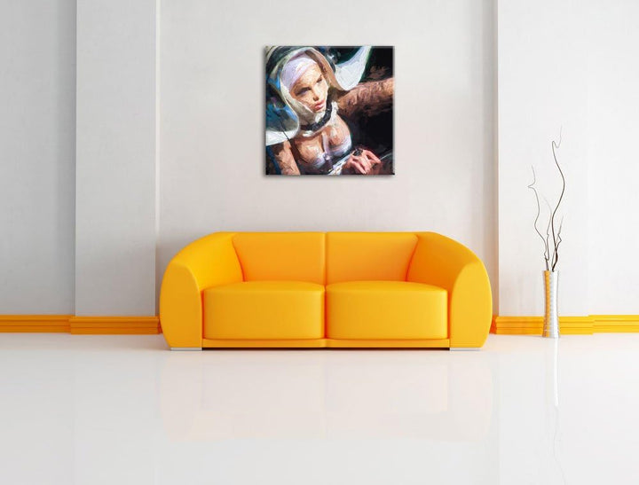 Pixxprint Tätowierte DJ Frau Pinsel Effekt, Format: 70x70 auf Leinwand, riesige Bilder fertig gerahm