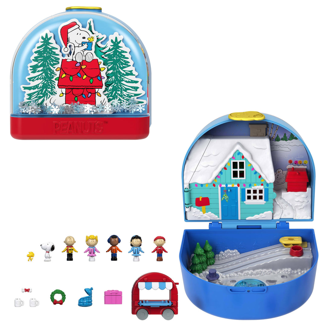 Polly Pocket x Peanuts Sammler-Schatulle, Minipuppen und Spielset, 7 thematische Zubehörteile, 4 sym