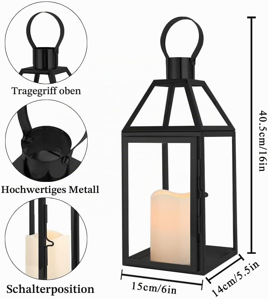 JHY DESIGN Schwarze dekorative Laternen 40.5 cm hoch Edelstahl-Kerzenlaternen mit gehärtetem Glas fü