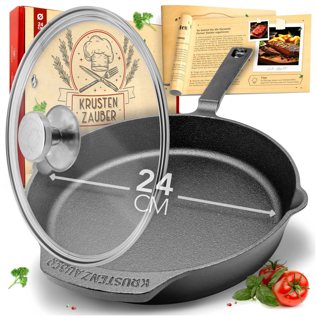 KRUSTENZAUBER 24cm Gusseisenpfanne Induktion - Voreingebrannte Gusseisen Pfanne - Ideale Grillpfanne