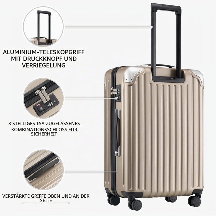 LEVEL8 Koffer Trolleys Handgepäck Hartschalenkoffer Rollkoffer Reisekoffer, TSA Champagner Set 20/24