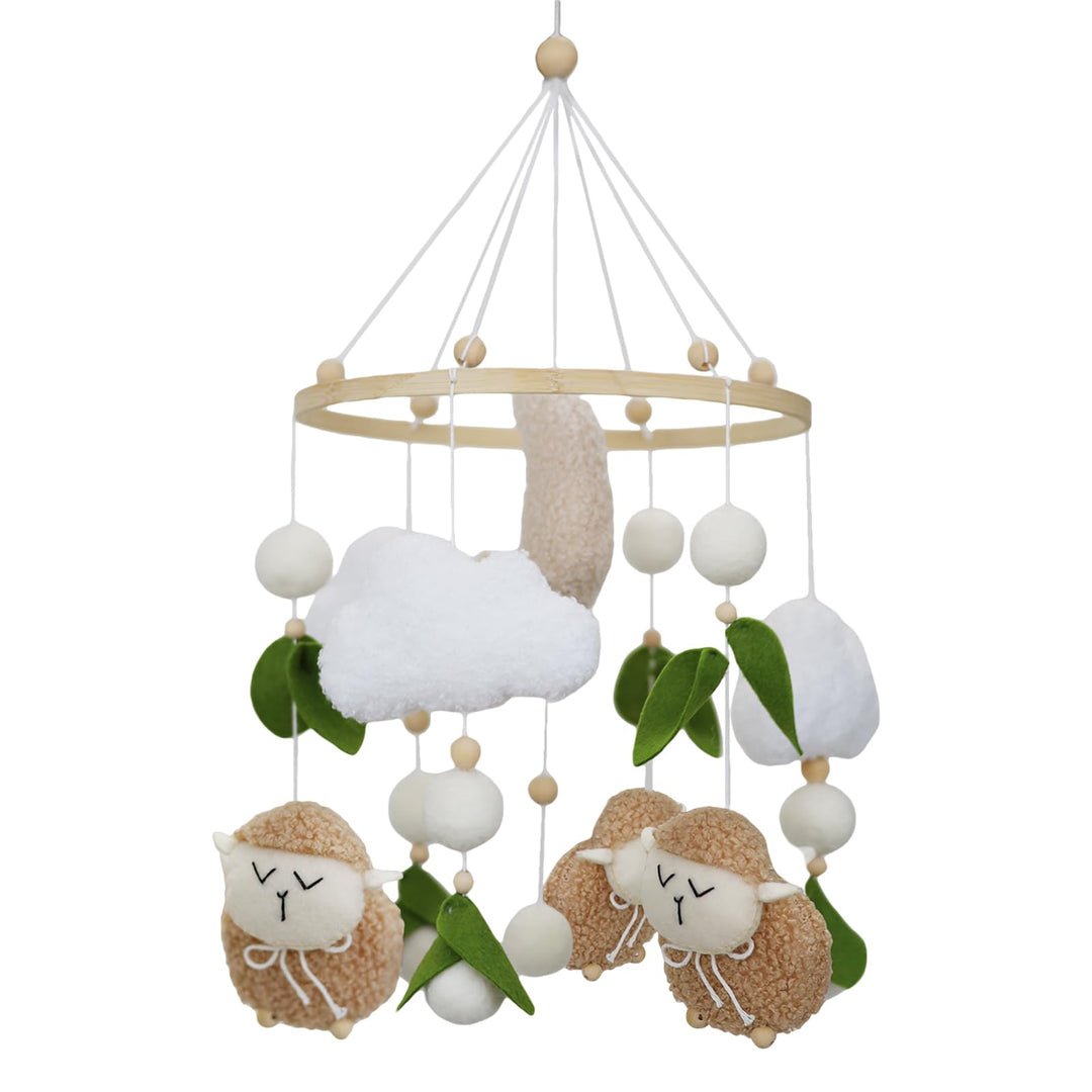 Lamm Mobile Baby Windspiele, 3D Schafe Mond Wolken Mobile Baby Holz mit Filzbällen, Bettglocke Anhän