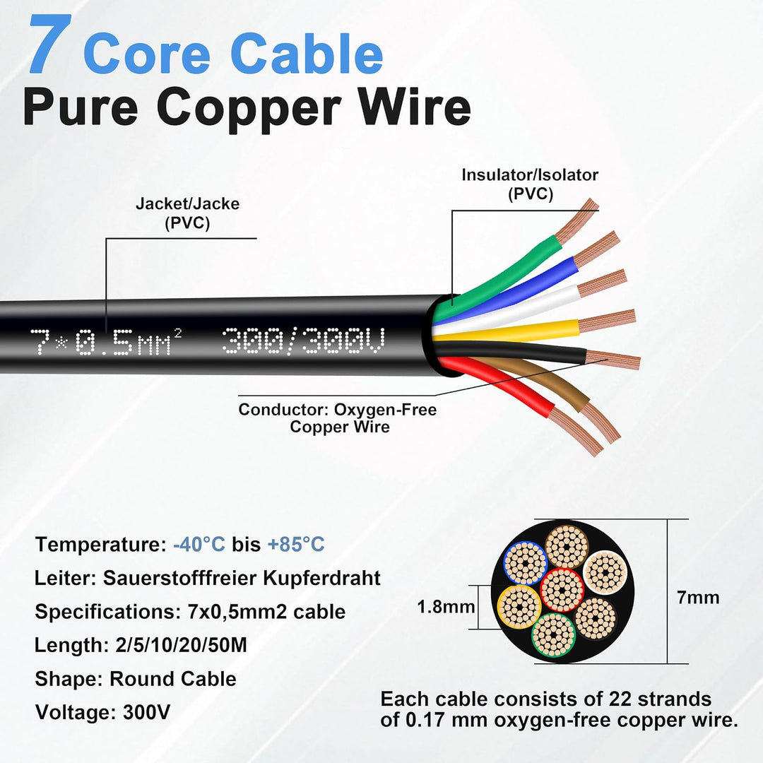 7-adriges Kabel 5M 12V 24V für Anhänger 5m Abschleppseil, 7 * 0.5mm² 5Meter flexibles Verlängerungsk