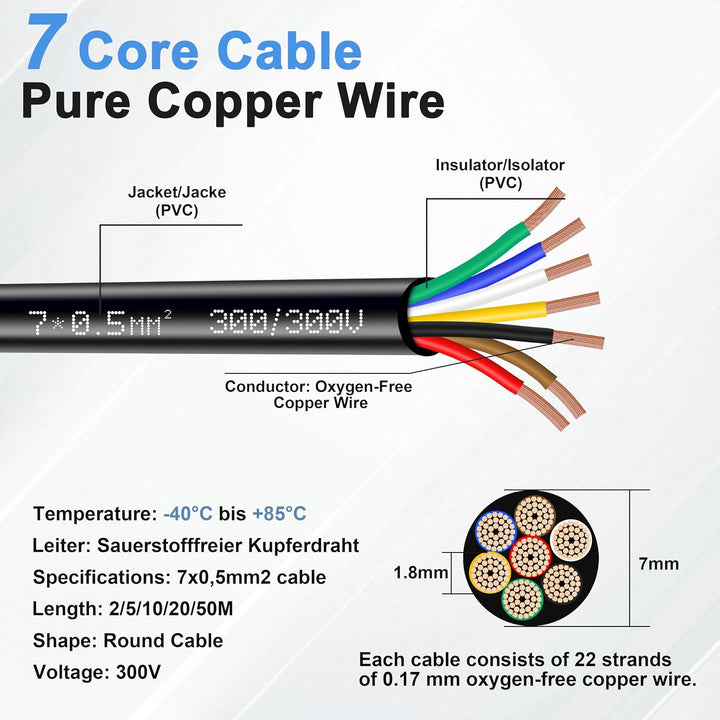 7-adriges Kabel 5M 12V 24V für Anhänger 5m Abschleppseil, 7 * 0.5mm² 5Meter flexibles Verlängerungsk