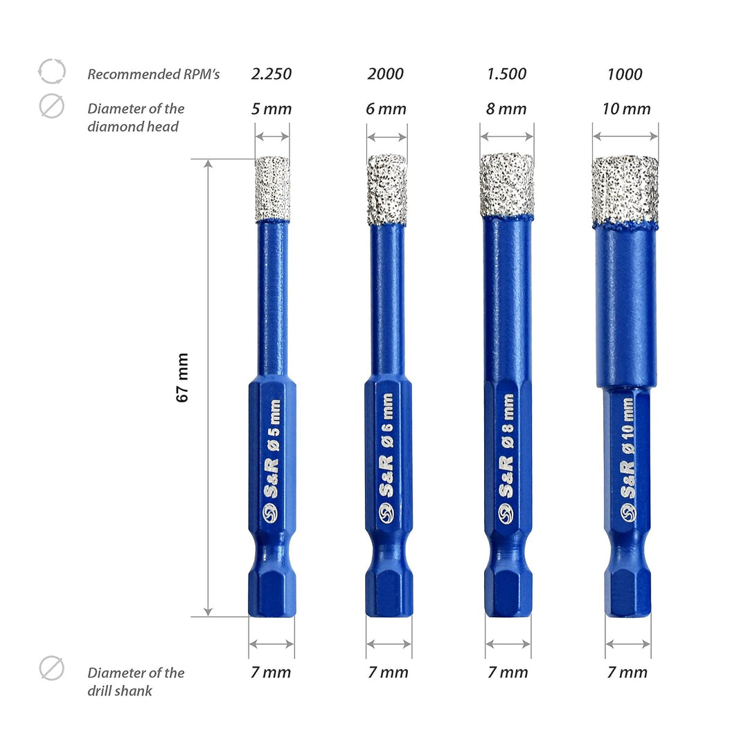 S&R Diamantbohrer, Fliesenbohrer, Glasbohrer Set 4-tlg. 5, 6, 8, 10 mm, Sechskant-Schaft, für Kerami
