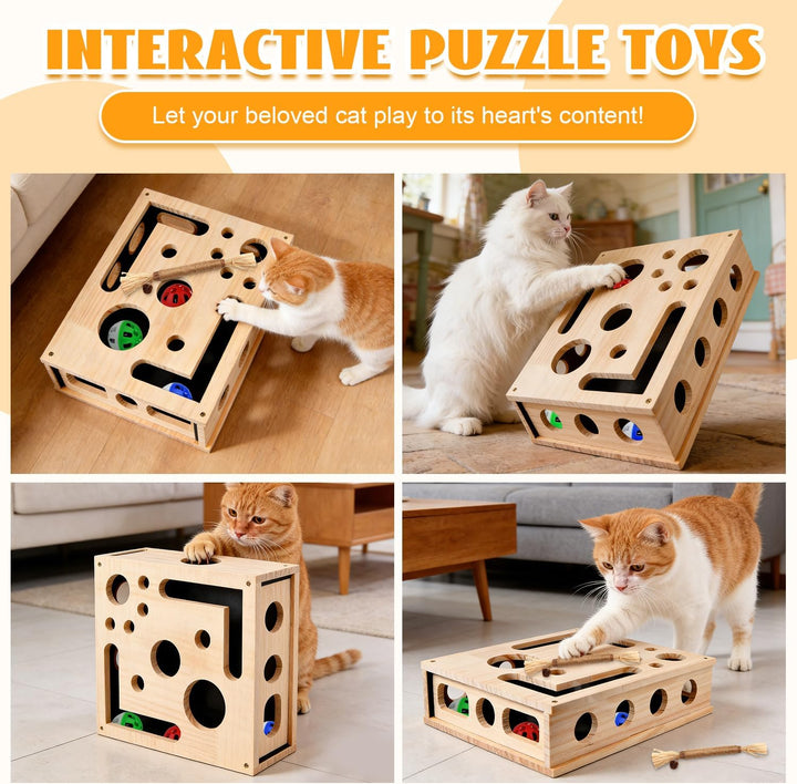 Katzen Krallenpflege Spielzeug, 30*25CM Kratzpuzzle Spielbox Holz Katzen mit 3 Ball 2 Minzstange, In