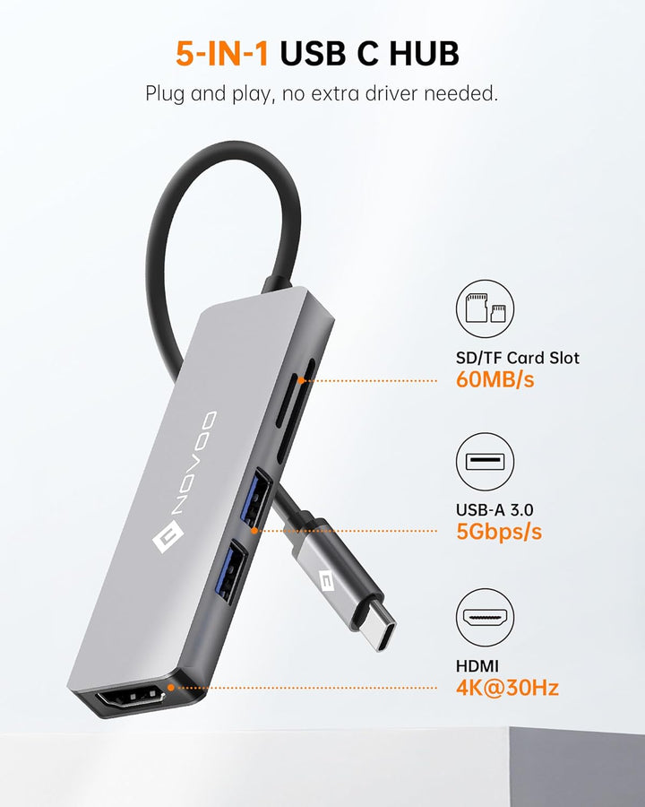 NOVOO 5-in-1 USB-C-Hub mit 4K HDMI-Adapter, 2 USB 3.0-Anschlüsse, SD/TF-Kartenleser, USB-C-Multiport