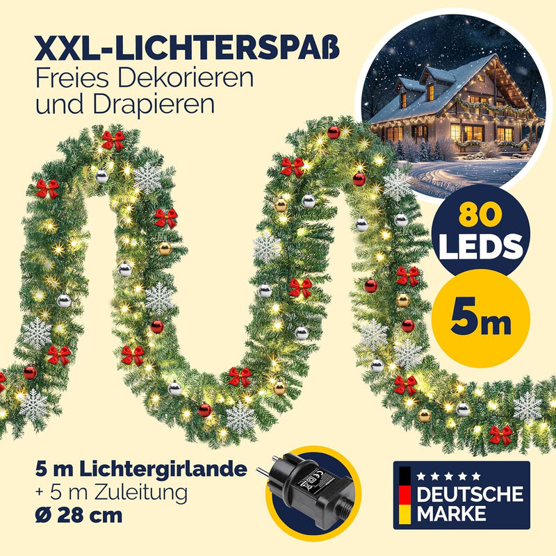 CASARIA® Weihnachtsgirlande Beleuchtet Deko Fernbedienung 5m 80 LED Timer Dimmbar 7 Leuchtmodi Ausse