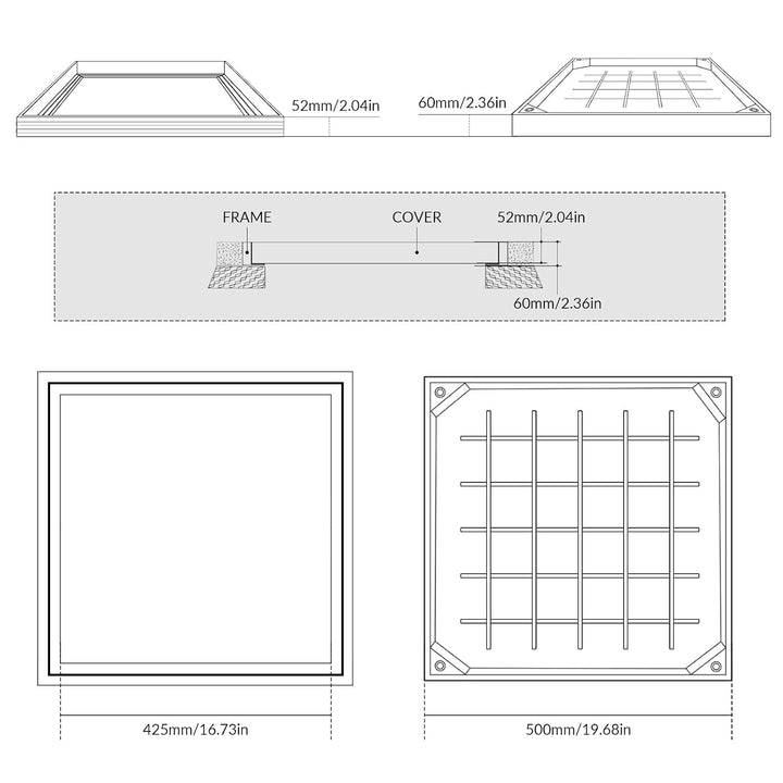 LIROPAU Schachtabdeckung 500x500mm Aluminium Versenkte Schachtdeckel | Eingebettete Schachtabdeckung