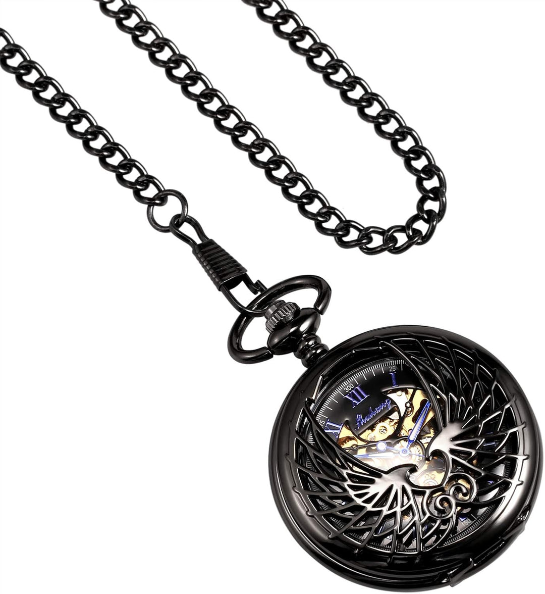 TREEWETO Unisex Taschenuhr mit Kette Analog Handaufzug Doppelscharnier Adler Skelett Römische Ziffer