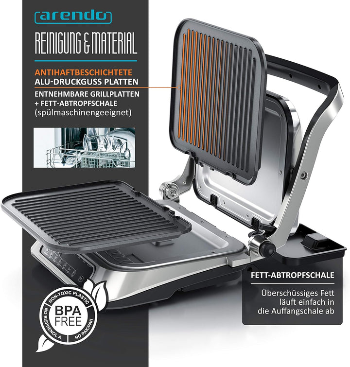 Arendo - Kontaktgrill Elektrogrill - elektrischer Tischgrill - Sandwichmaker - Multi Grill mit Digit