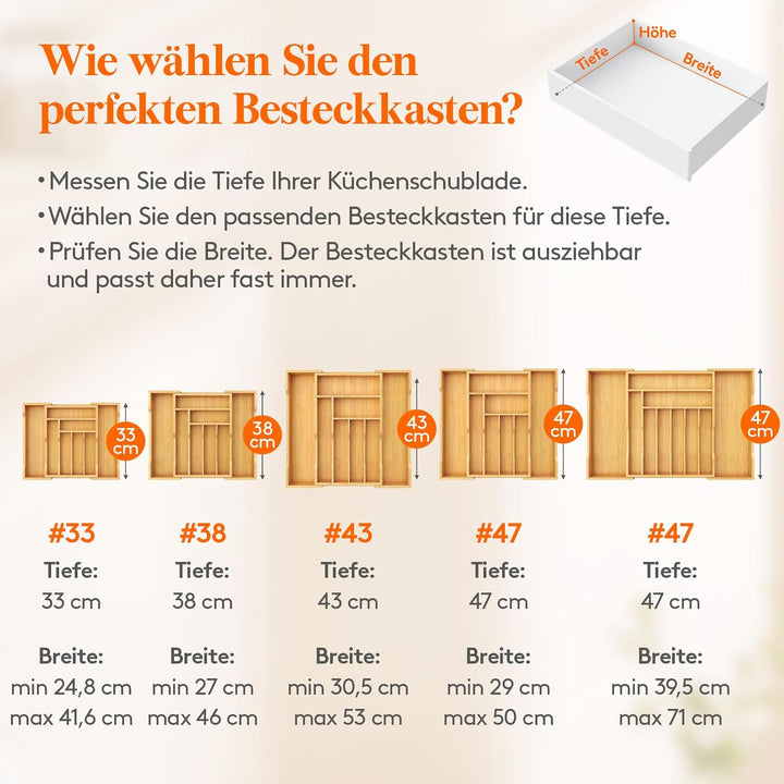 Lifewit Besteckkasten für Schubladen, Tiefe 47 cm, Ausziehbarer Besteckeinsatz Breite bis zu 50 cm,