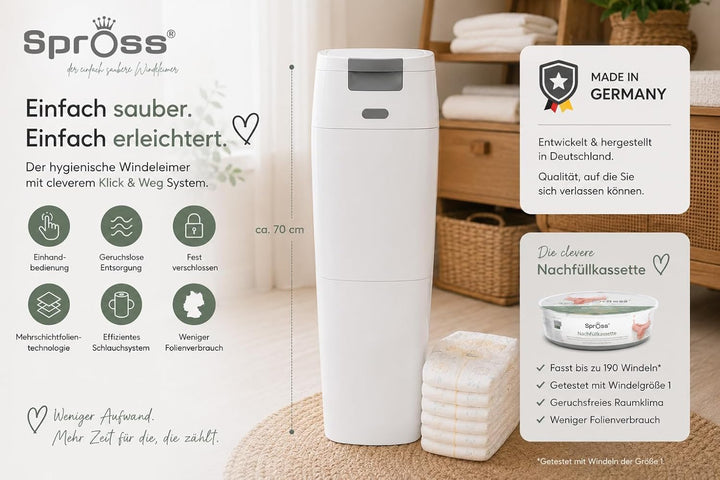 Spross Baby Windeleimer inkl. Nachfüllkassette - geruchsdichtes System mit Einhandbedienung - Müllei