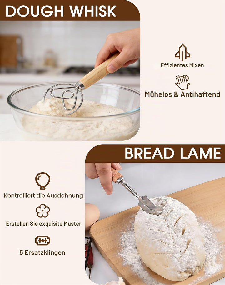 10-teilig Sauerteig Starter Set mit Gärkörbchen Rund mit Gärtuch Sowie Gärglas mit Spatel und Bäcker
