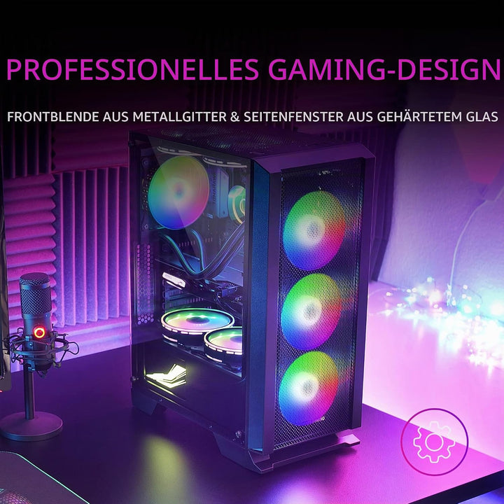 Mars Gaming MC100, ATX Gaming Gehäuse, 9 cm FRGB Lüfter, Convect-Cool Belüftung, Schwarz MCC Schwarz