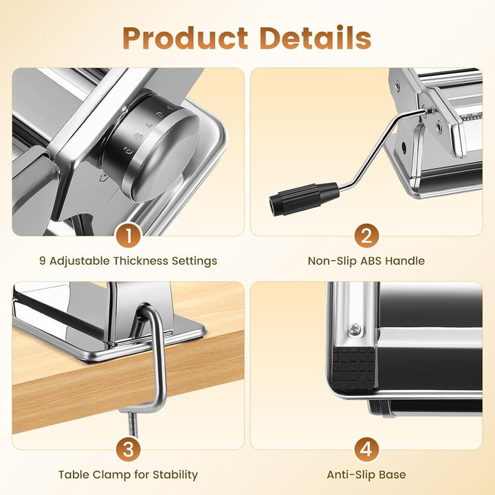 Yigowyigo Nudelmaschine Edelstahl Pastamaschine Manuelle mit Nudeltrockner & Tischklemmen, 9 Einstel