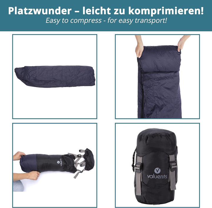 valuents Outdoor Daunenschlafsack 215cm– Ultraleicht und warm – Füllung: Entendaunen (190g) – down S