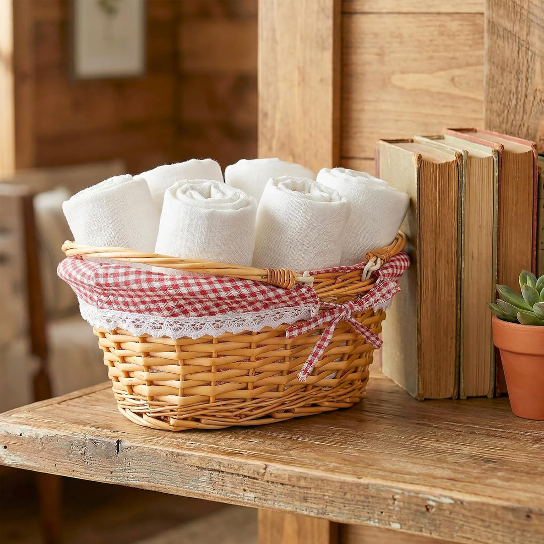 2 Stück Picknickkorb aus Weide, 33x23x12cm, Handgeflochtener Weidenkorb mit Henkel und Gingham Futte