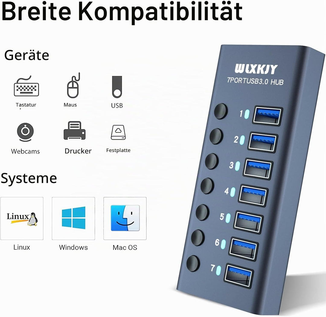 USB 3.0 Hub 7 Ports mit 36W Stromversorgung, 5Gbps Aluminium USB Verteiler Mehrfachstecker USB Verlä