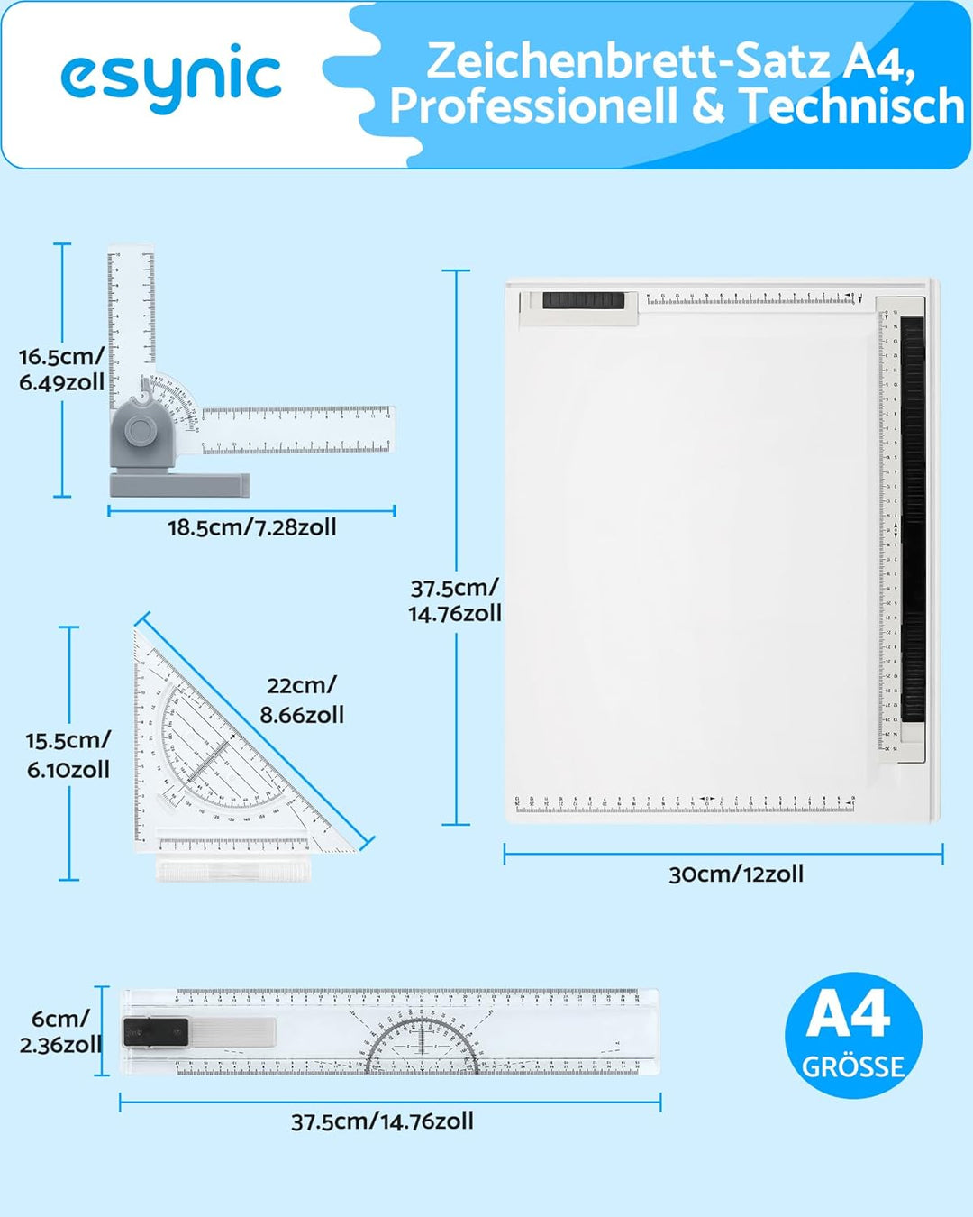 eSynic Zeichenbrett DIN A4 Zeichenplatte Zeichentisch A4 Schnellzeichendreieck mit Rotationslineal &