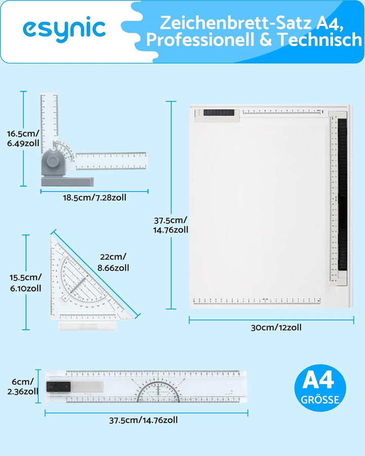 eSynic Zeichenbrett DIN A4 Zeichenplatte Zeichentisch A4 Schnellzeichendreieck mit Rotationslineal &