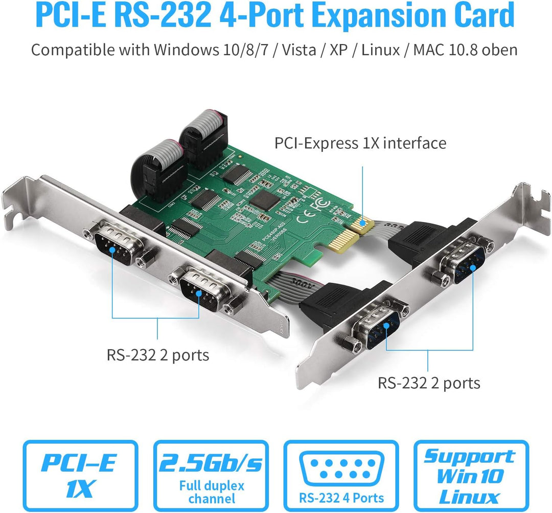 PCI-E zu 4-Port R232 Serieller Port Karte mit Bidirektionalen Geschwindigkeiten von bis zu 250Kbps,