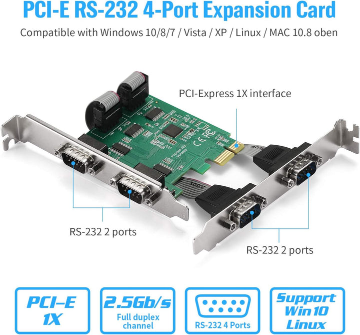 PCI-E zu 4-Port R232 Serieller Port Karte mit Bidirektionalen Geschwindigkeiten von bis zu 250Kbps,