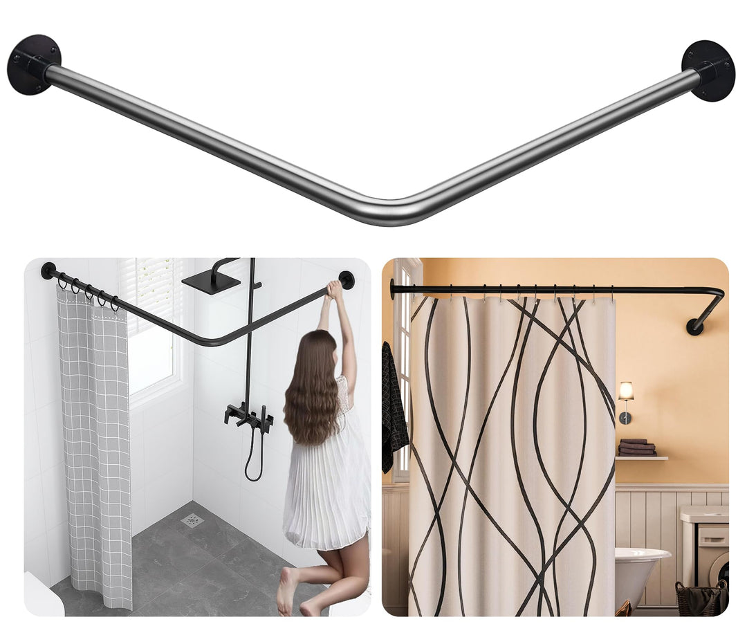 SIKAIQI Dehnbare 304 Edelstahl L-förmige Badezimmer Badewanne Dusche Vorhang Stange Rack (Schwarz, 7