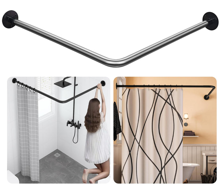 SIKAIQI Dehnbare 304 Edelstahl L-förmige Badezimmer Badewanne Dusche Vorhang Stange Rack (Schwarz, 7