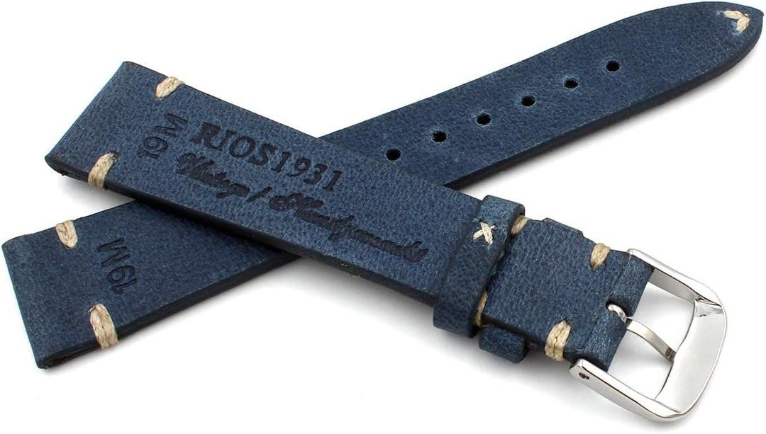 Rios1931 Sagittarius Vintage Rindsleder Uhrenarmband handgemacht in Deutschland 19mm blau