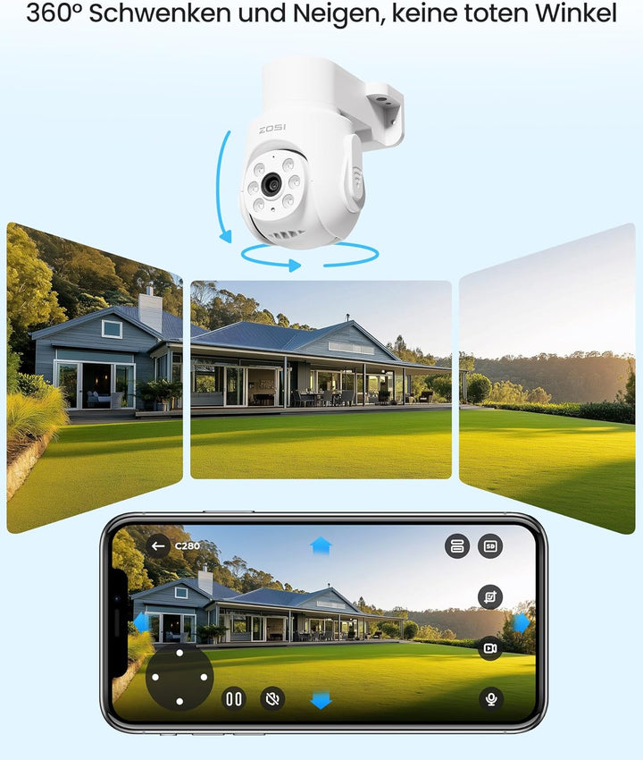 ZOSI Kabelgebunden 2MP PTZ Überwachungskamera Aussen Set mit Audio, 8CH 5MP 1TB DVR, KI Personen-/Au