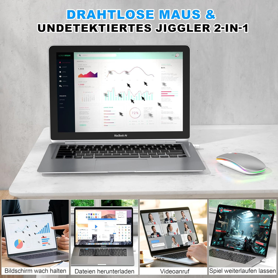 Kabellose Maus mit Jiggler-Modus – Bluetooth 5.2 & 2.4G Funk, für Laptop, PC, iOS, Android, iPad & W