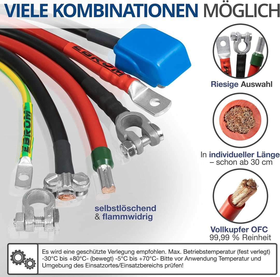 EBROM Batteriekabel, PLUSKABEL 25 mm² ROT, Auswahl: 30 cm Schuhe M6 + M8 | viele Längen ab 30cm bis