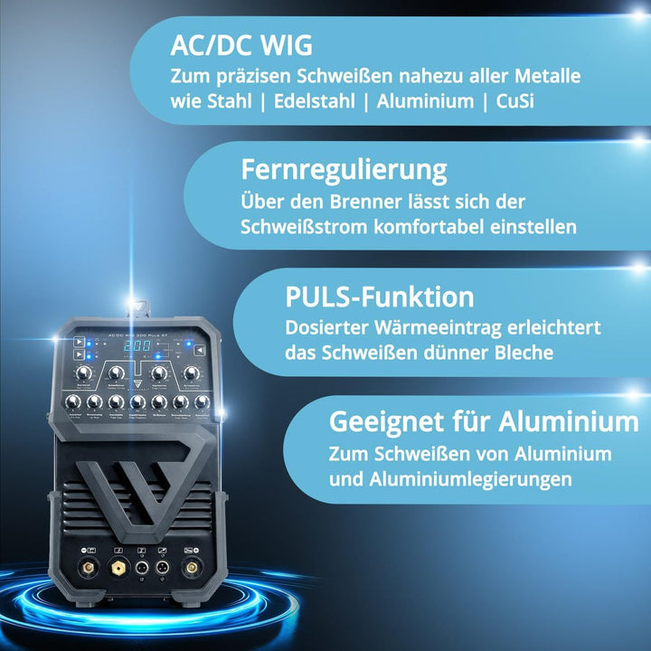 STAHLWERK Schutzgasschweissgerät AC/DC WIG 200 Puls ST – IGBT-Inverter mit AC-Modus, MMA (E-Hand/ARC