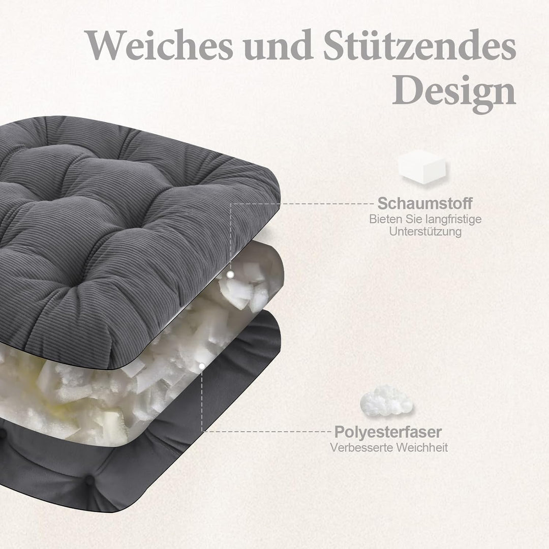 2er Set Stuhlkissen, 40x40x7 cm, Anthrazit – Bequeme Sitzkissen aus Cordstoff und Kristallsamt mit B
